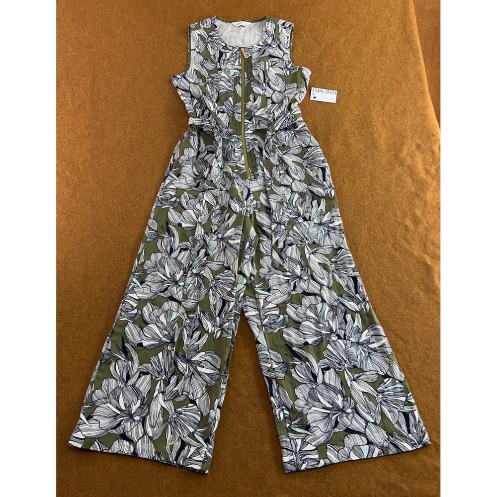 Nine West Womens Small Green Floral Zip Front Wide Leg Jumpsuit NWT